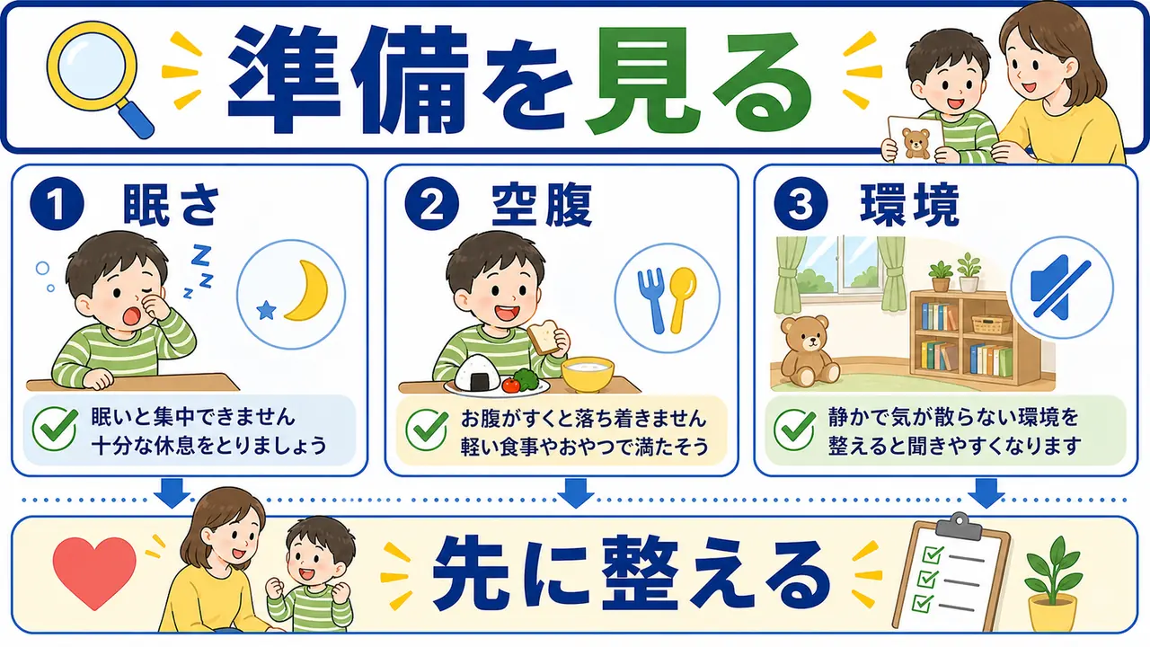 眠さ、空腹、環境を整えてから聞く練習をする図