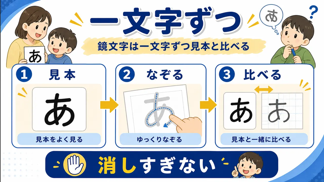 ひらがなの鏡文字を一文字ずつ見本と比べる図