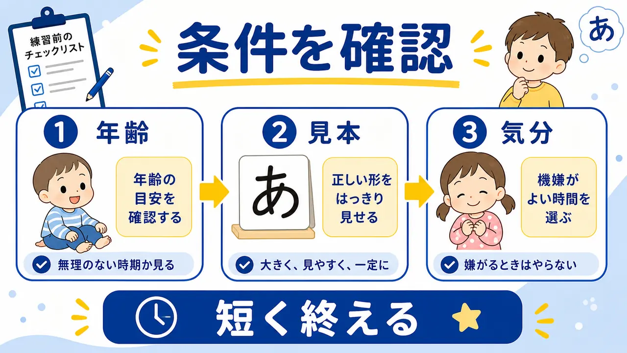 年齢、文字数、鉛筆、見本、気分を確認する図