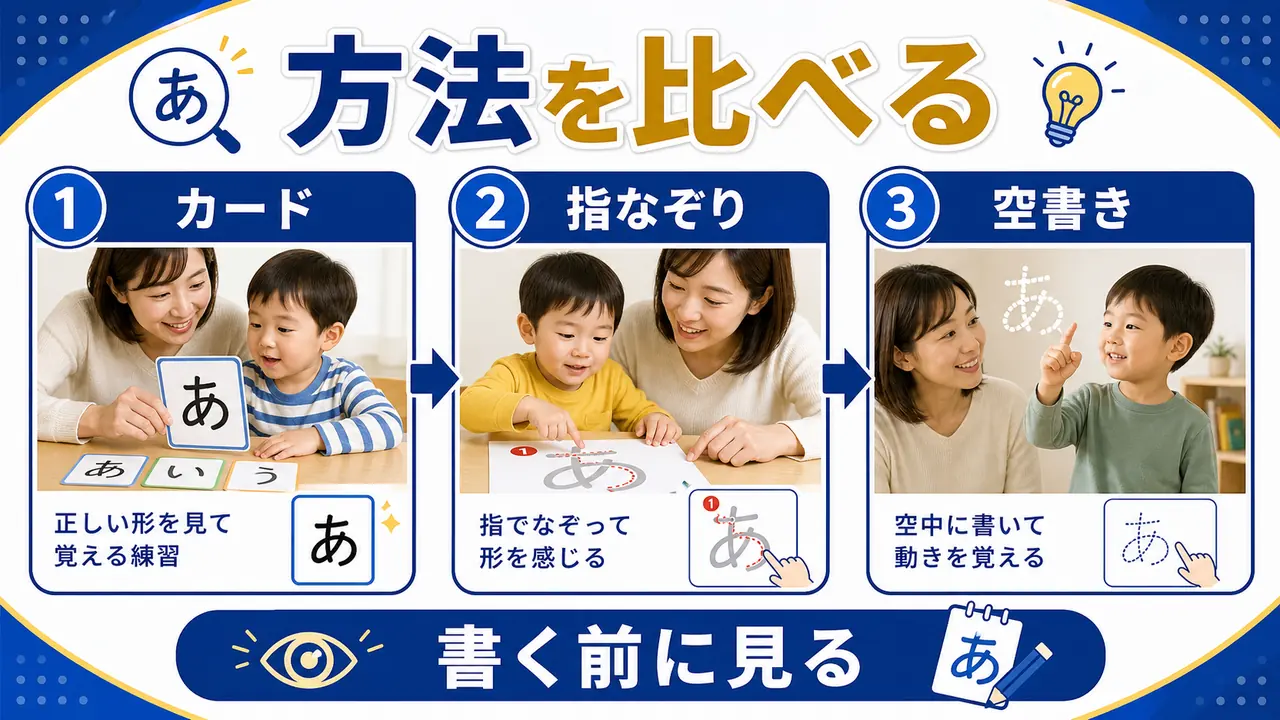 見本カード、指なぞり、空書き、短い鉛筆練習を比較する図