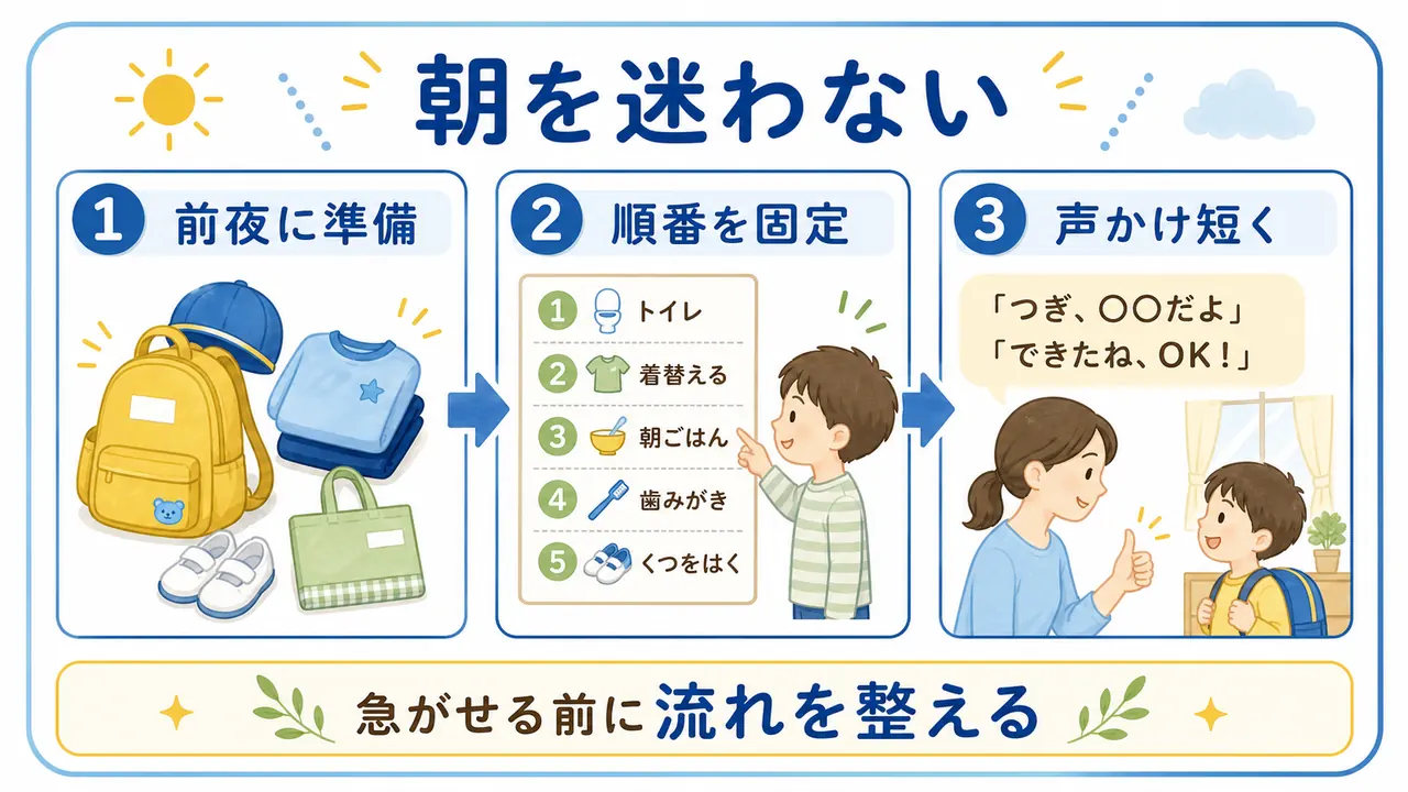 朝の支度を前夜準備、順番の固定、短い声かけで整える流れを示した図