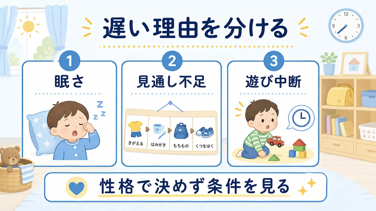 朝の支度が遅くなる理由を眠さ、見通し不足、遊びの中断に分けた図