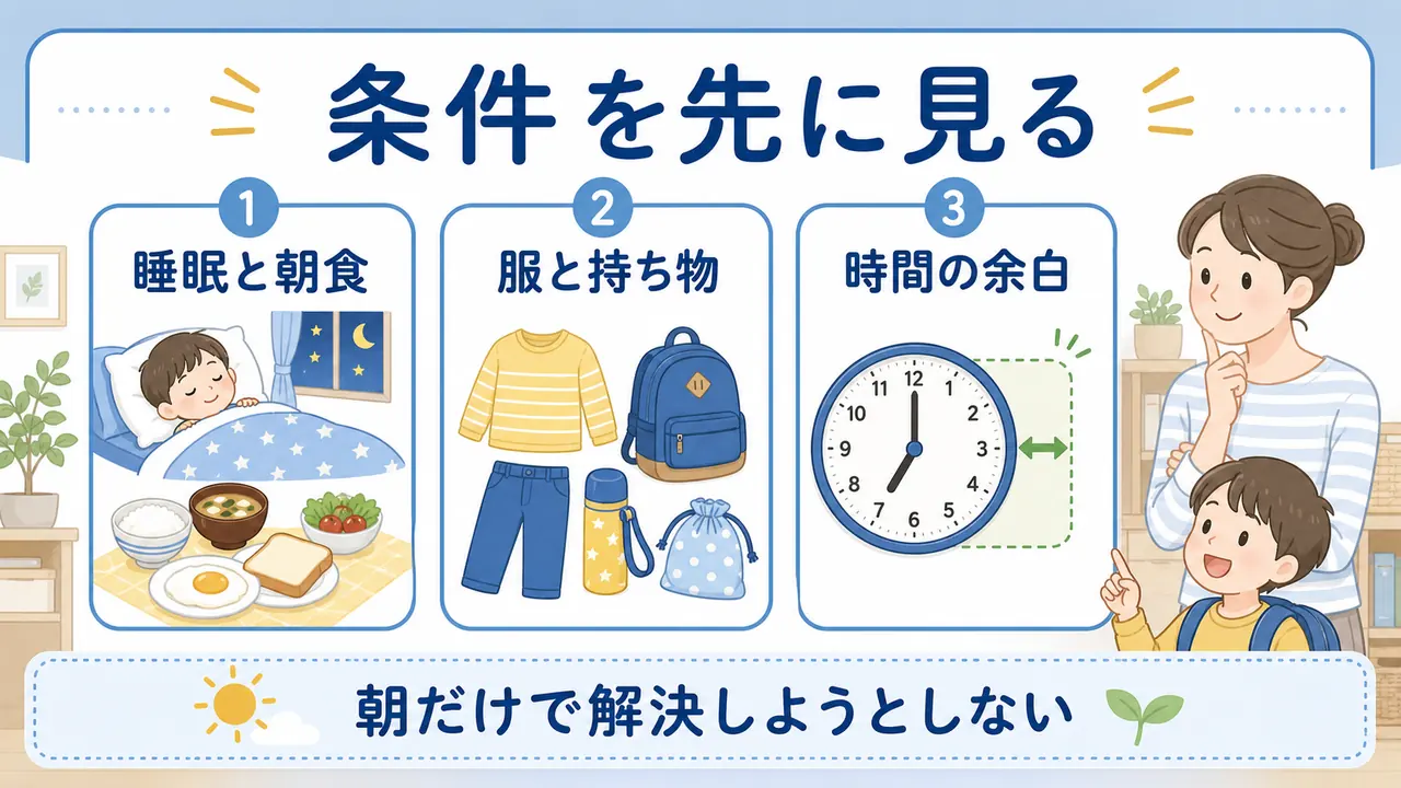 朝の支度前に睡眠と朝食、服と持ち物、時間の余白を確認する図
