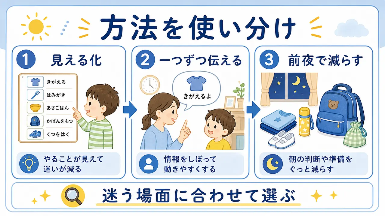 朝の支度に使う声かけ、絵カード、タイマー、前夜準備を目的別に分ける図
