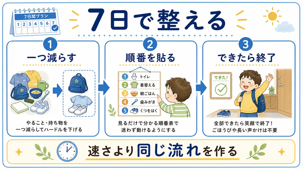 7日間で朝の支度を前夜準備、順番表、短い声かけで整える手順を示した図