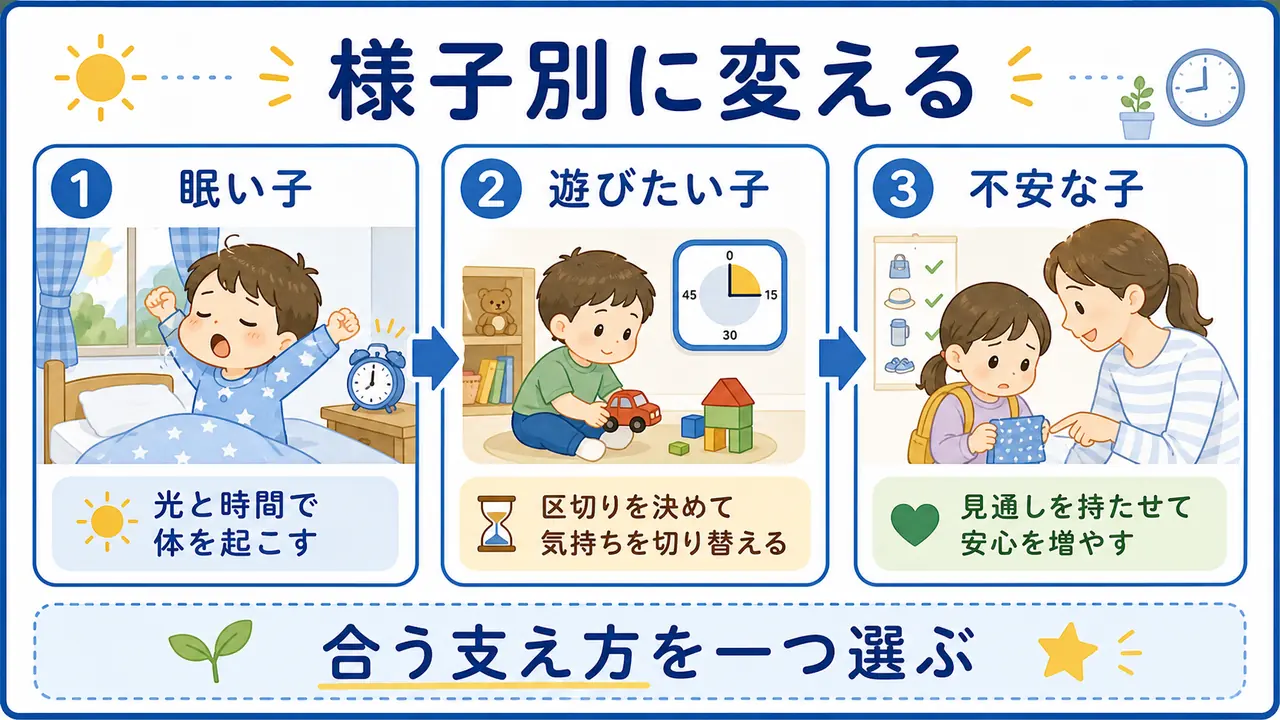 眠い子、遊びたい子、不安が強い子に合わせて朝の支度を変える図