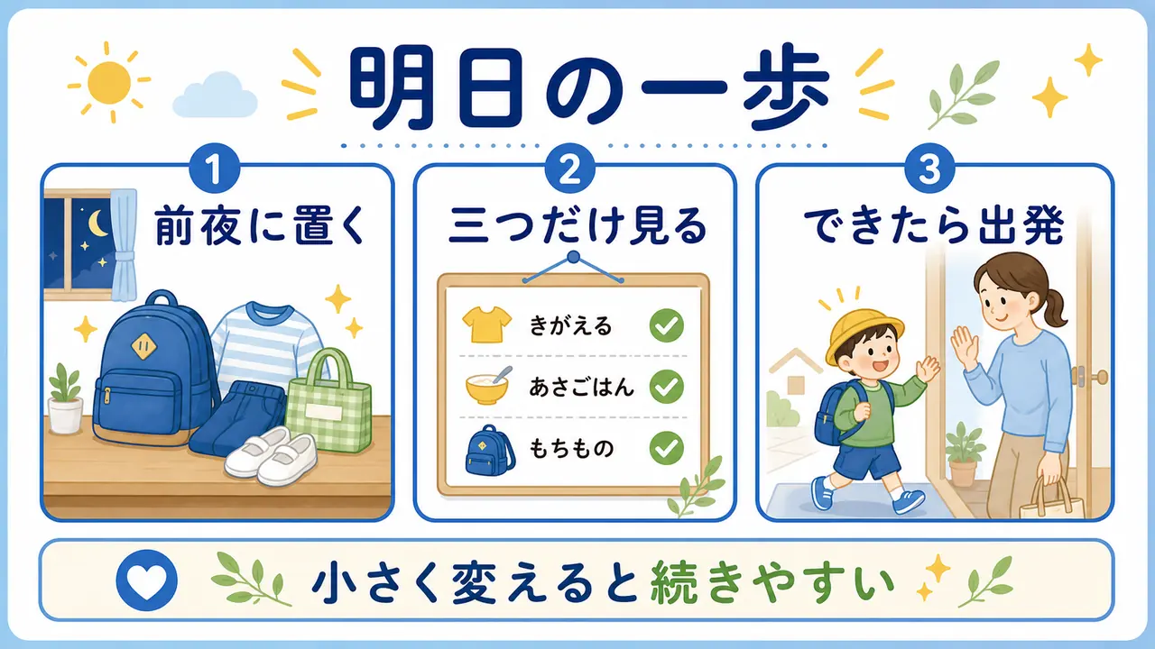 明日の朝に前夜準備、三つの確認、できたら出発する一歩を示した図
