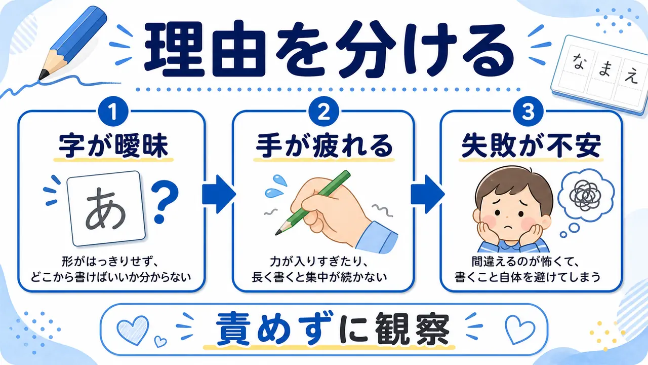 文字理解、運筆、姿勢、失敗不安を分ける図