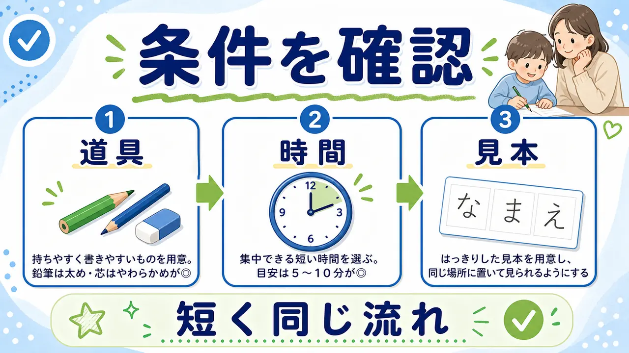 鉛筆、紙、見本、時間、声かけを確認する図