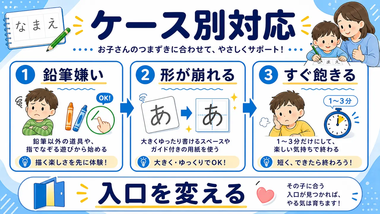 鉛筆嫌い、鏡文字、途中で飽きる、入学不安のケース図