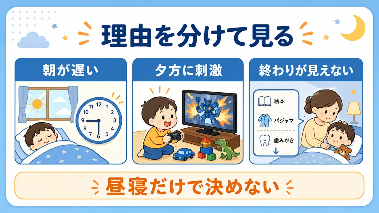 夜寝ない理由を朝の遅さ、夕方の刺激、終わりの見通しに分ける要約画像