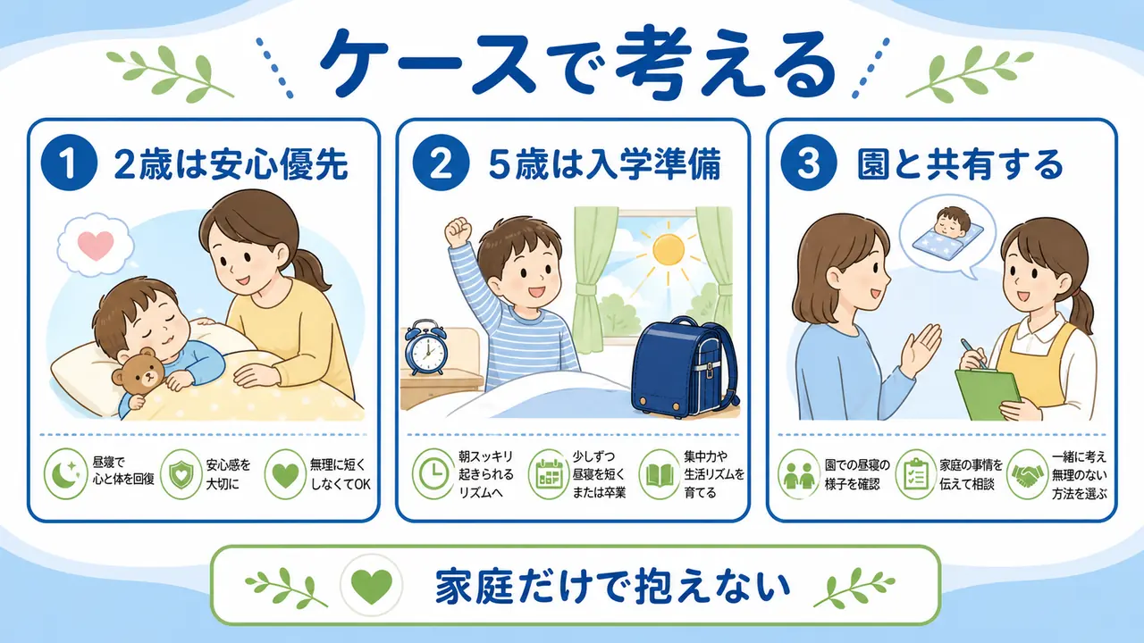 2歳は安心優先、5歳は入学準備、園と共有するケース別判断の要約画像