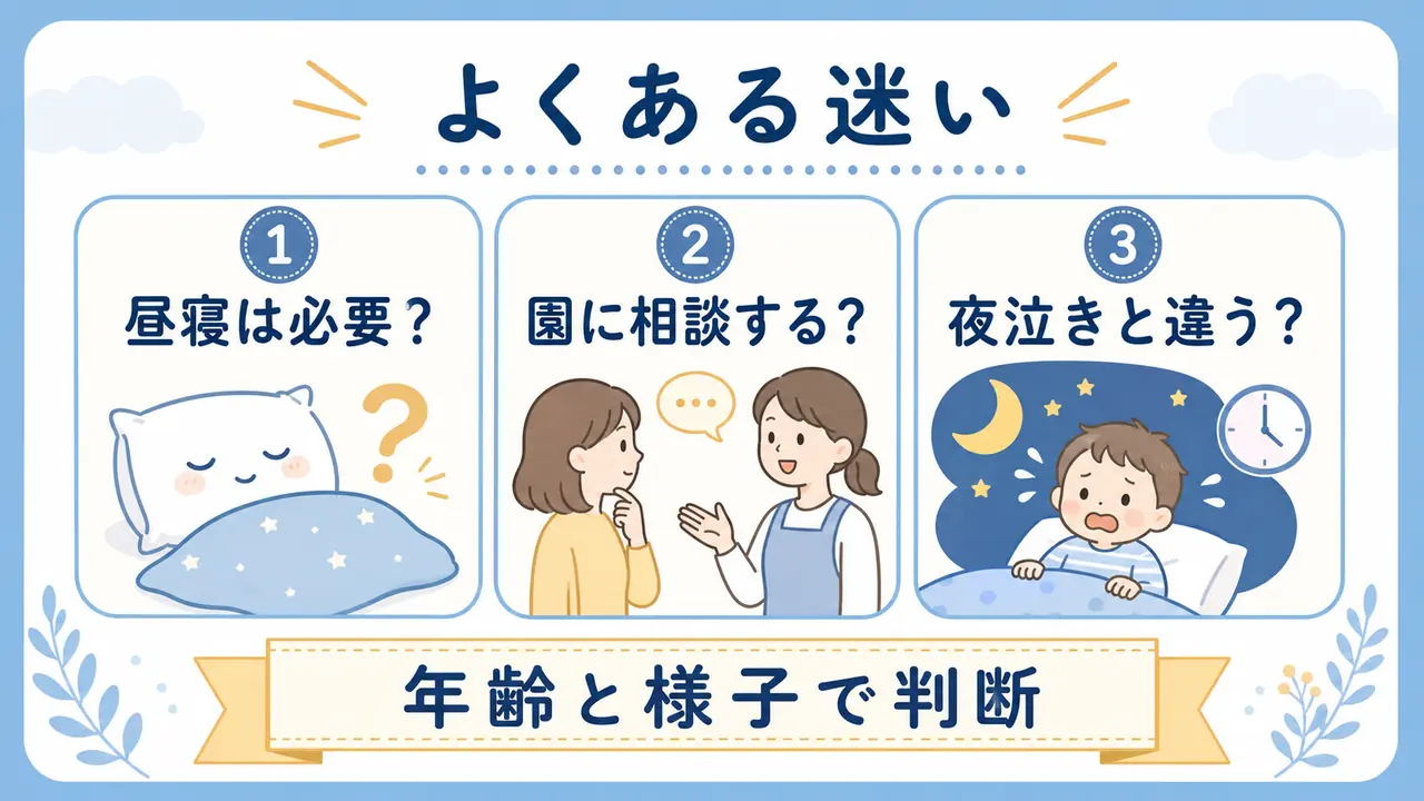 昼寝の必要性、園への相談、夜泣きとの違いを確認するFAQ要約画像