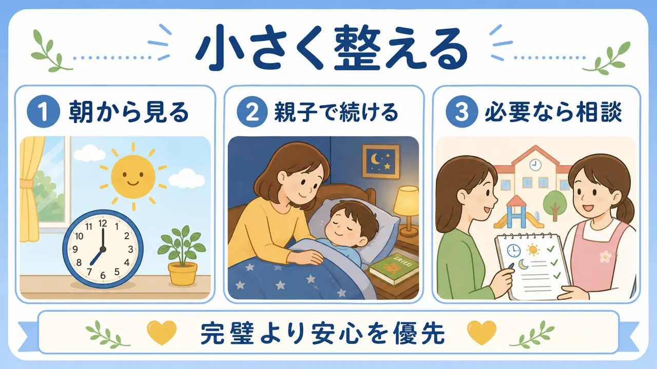 朝から見直し、親子で続け、必要なら相談するまとめの要約画像
