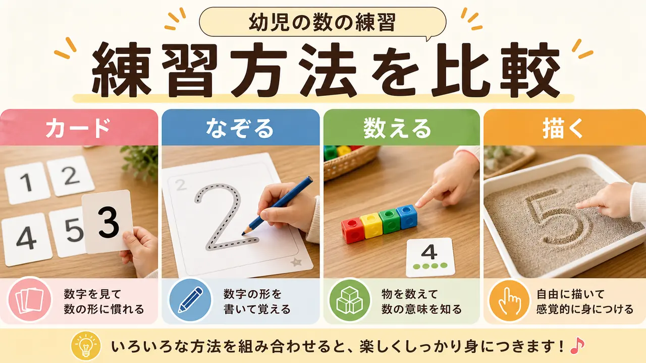 数遊び、指なぞり、太線、鉛筆練習を比べる図