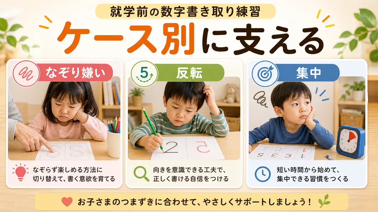 嫌がる、反転する、筆圧が弱い、数が曖昧なケース図