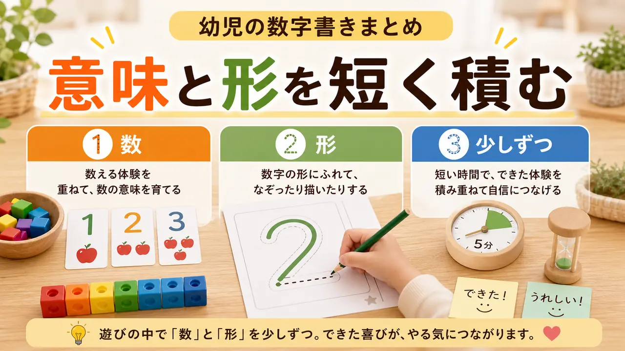 数字の意味、形、短い練習をまとめる図