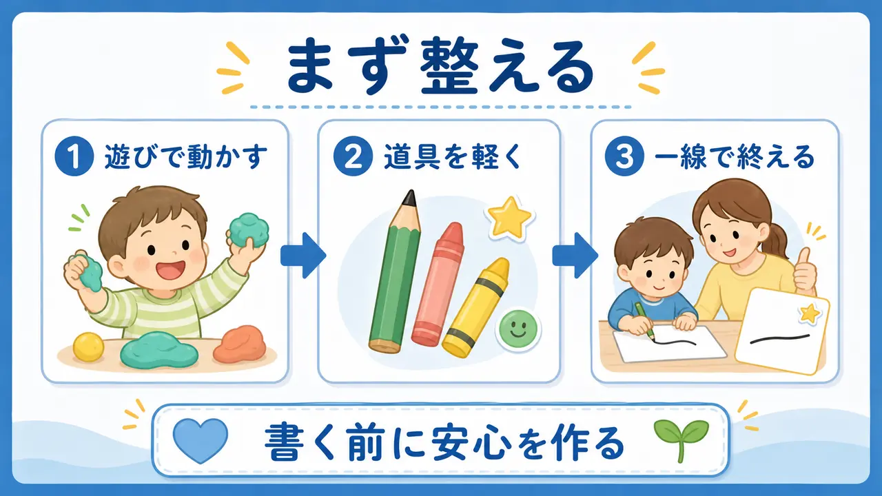 鉛筆練習の前に遊び、道具、短い成功を整える流れを示した図