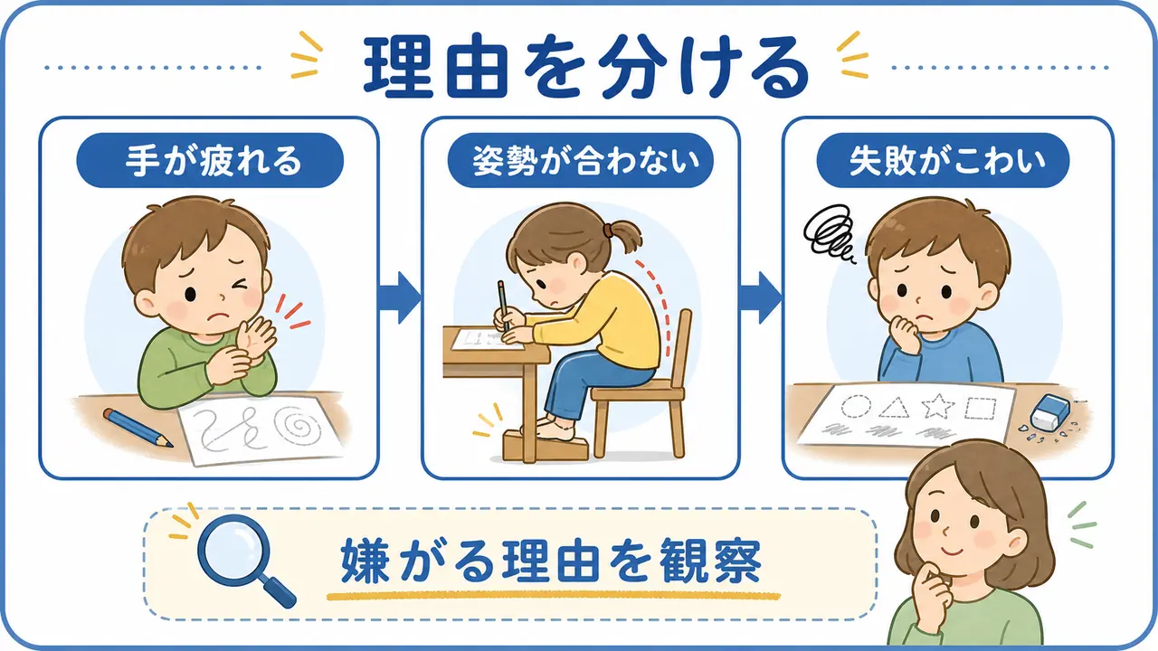 鉛筆を嫌がる理由を手の疲れ、姿勢、失敗への不安に分けた図