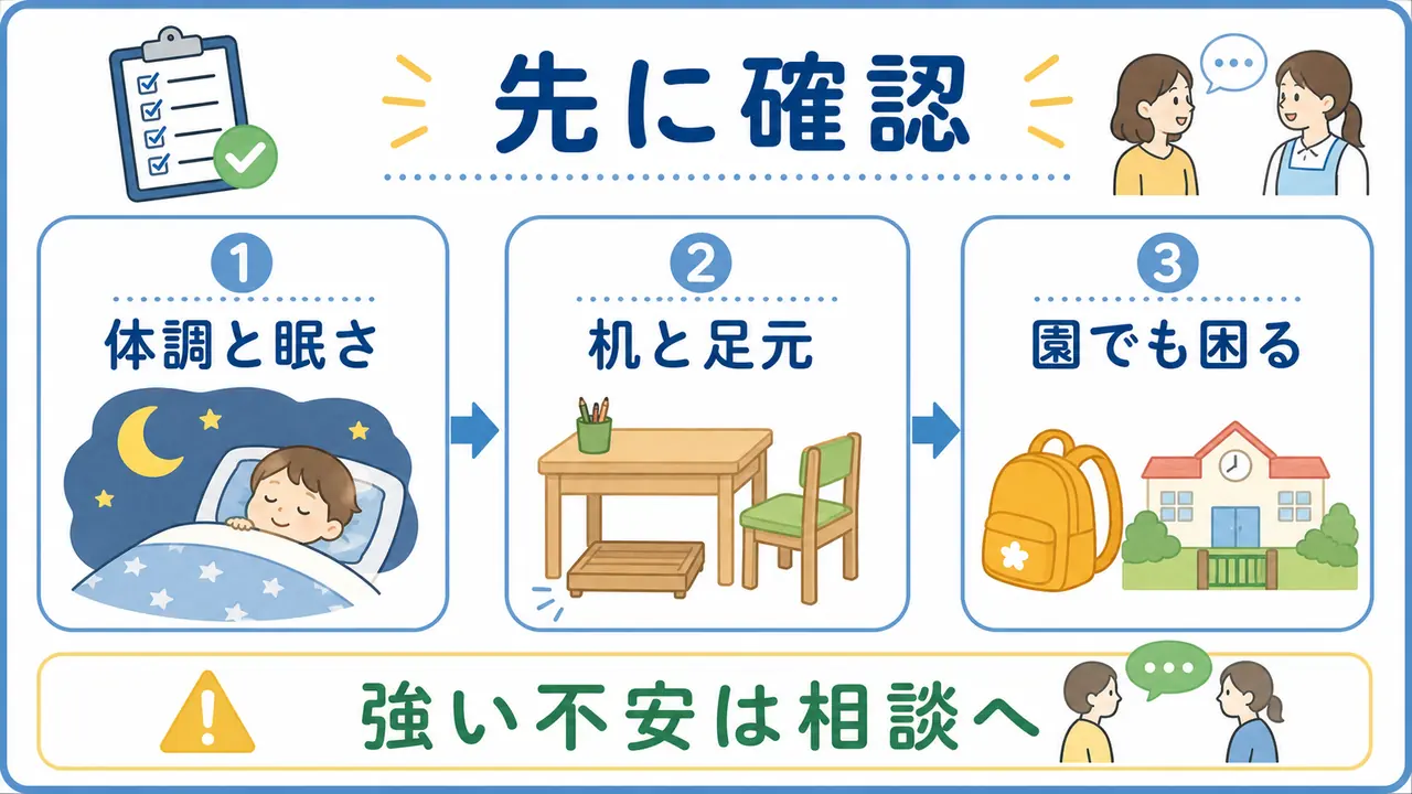 鉛筆練習前に体調、机と足元、園での様子を確認する図