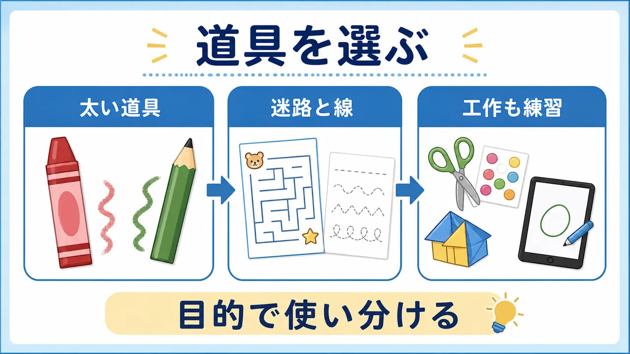 鉛筆、太い道具、迷路、工作を目的別に使い分ける図