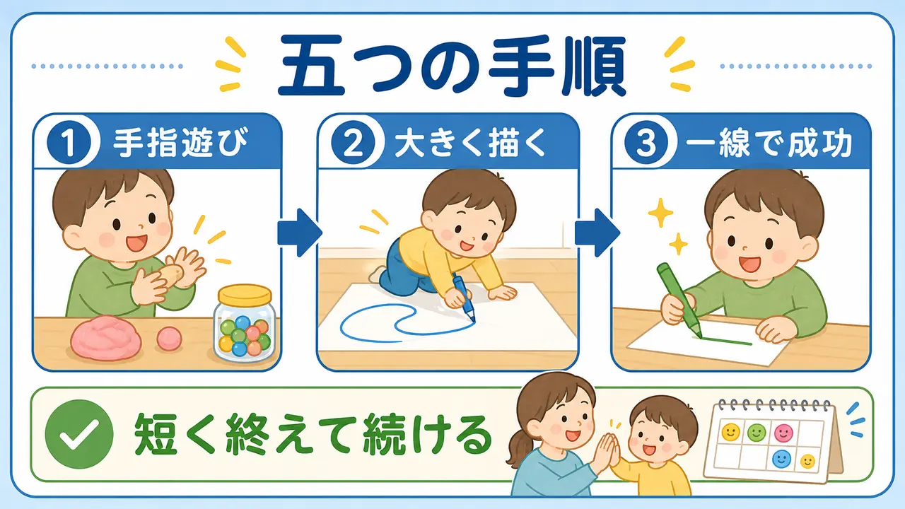 手指遊び、大きく描く、一線で成功する鉛筆練習の手順を示した図