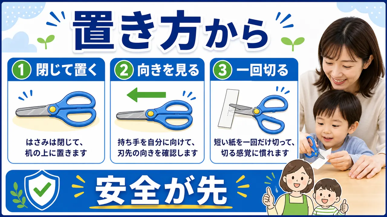 幼児がはさみの置き方と短い切り方を確認する図