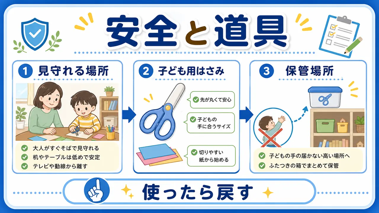 はさみ練習前に見守れる場所、子ども用はさみ、保管場所を確認する図