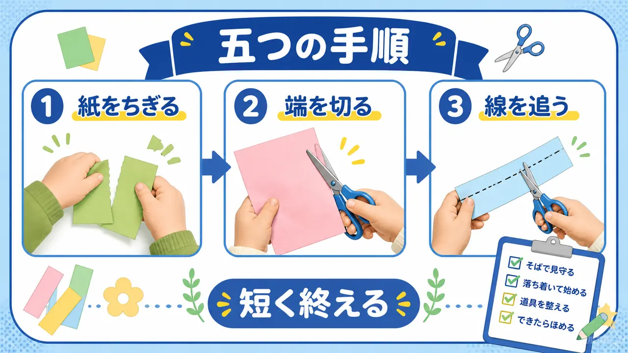 紙をちぎる、端を切る、線を追う順番で進めるはさみ練習の図