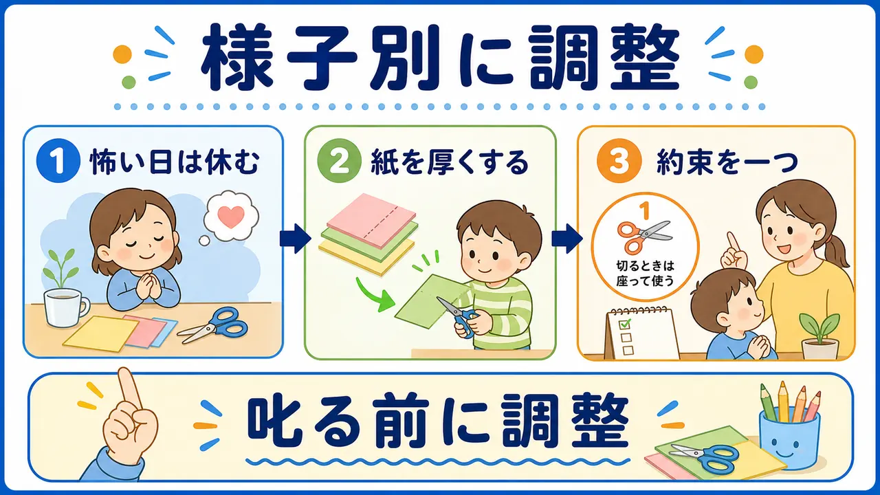 怖がる、紙が切れない、約束が守れないときの調整を分けた図