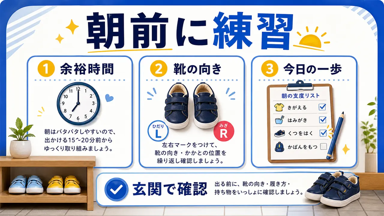 靴の向き、かかと、声かけを分ける図