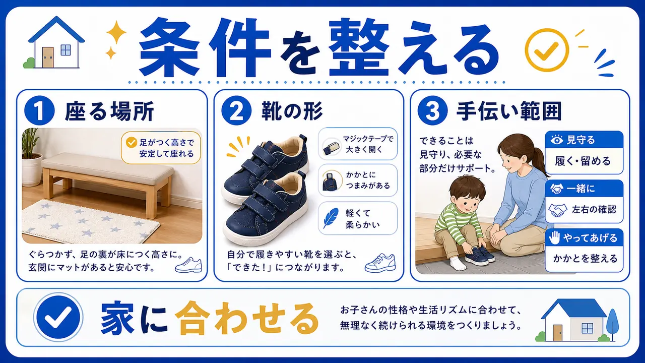 靴の形、玄関、時間、親の手伝いを確認する図