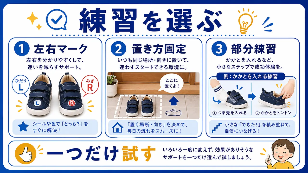 左右マーク、置き方、部分練習、声かけを比べる図