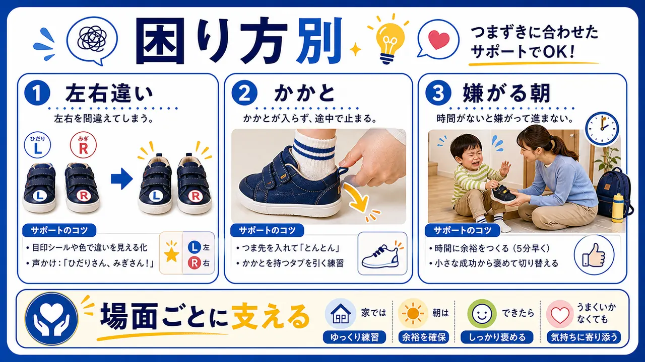 左右違い、かかと、急ぐ朝、嫌がる日のケース図