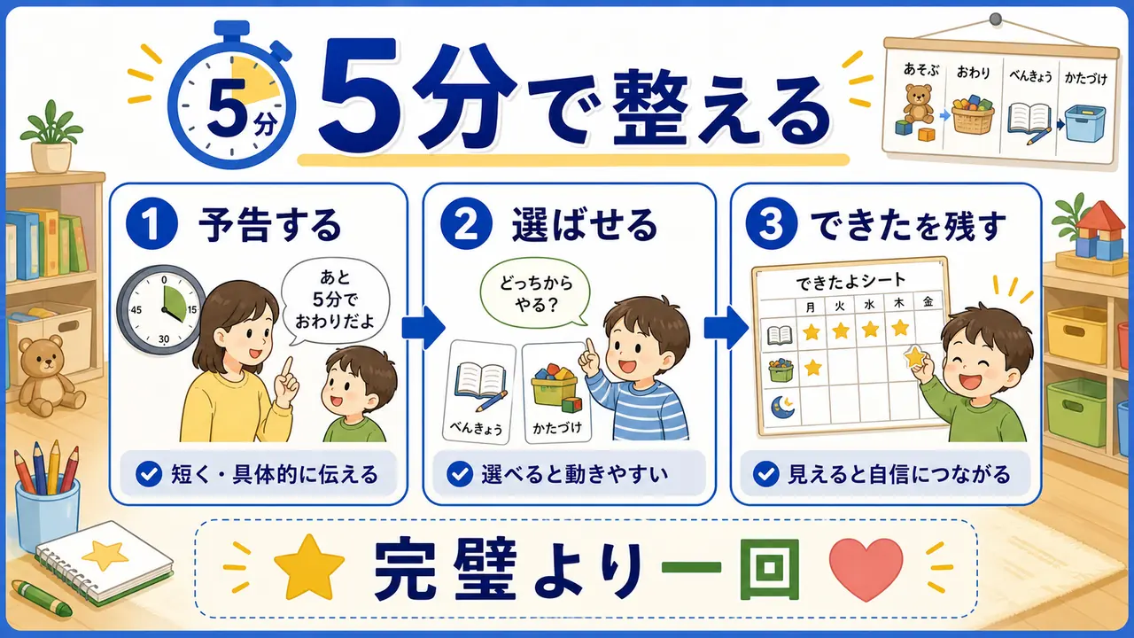 切り替え前に予告し、選ばせ、できた経験を残す5分の手順を示した図