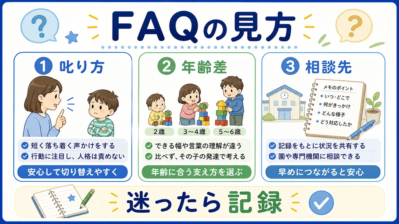 切り替えで泣く幼児への叱り方、年齢差、相談先を確認するFAQ図