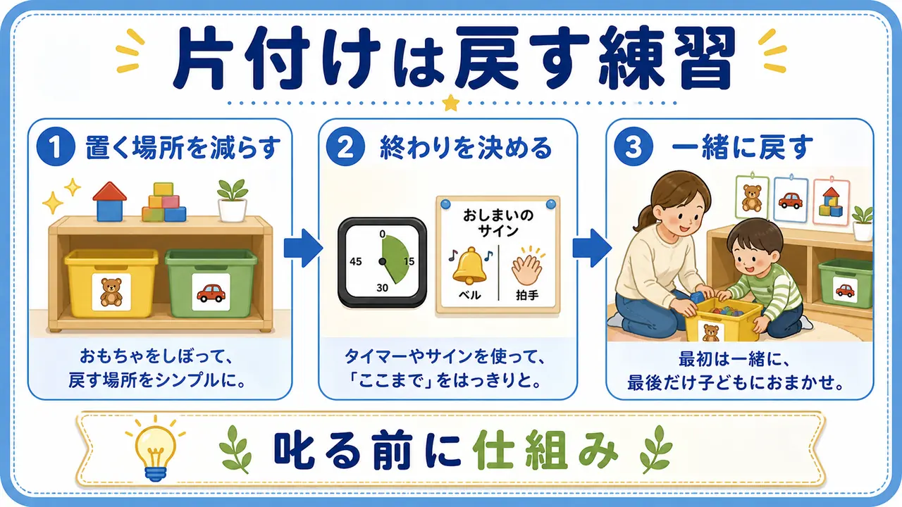 片付けは戻す練習として、置く場所を減らし終わりを決めて一緒に戻す流れを示した図
