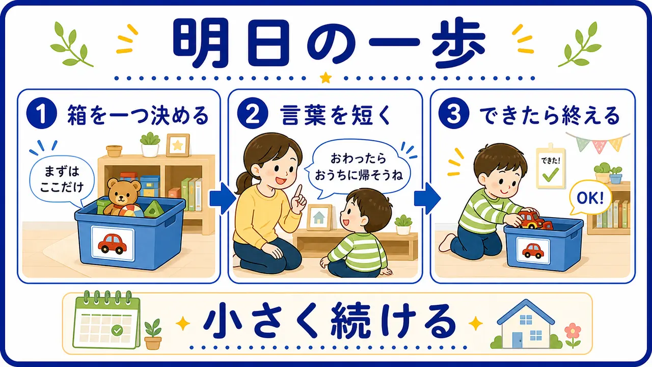 明日の一歩として、箱を一つ決め、言葉を短くし、できたら終える流れを示した図