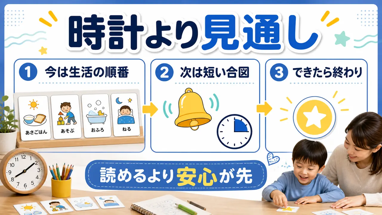 幼児の時間感覚は時計より生活の順番と短い合図から育てる流れを示した図