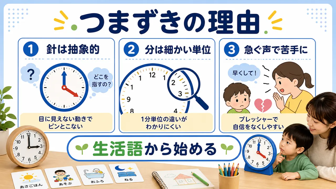 幼児が時計でつまずく理由を針の抽象性、分の細かさ、急かす声かけに分けた図