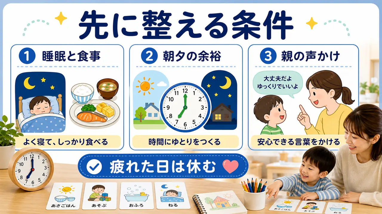 時計を教える前に睡眠と食事、朝夕の余裕、親の声かけを整える条件を示した図