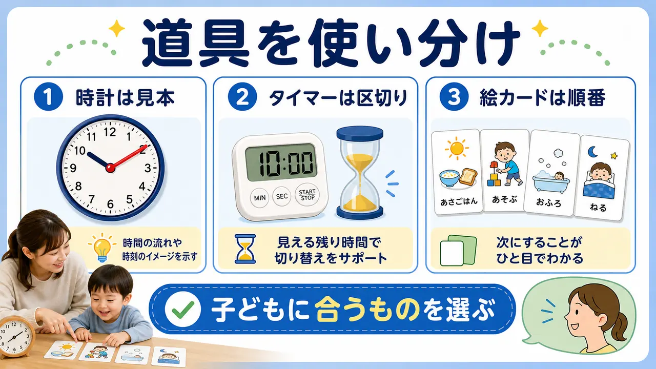 時計、タイマー、絵カードを子どもに合う道具として使い分ける比較図