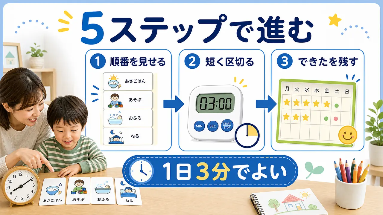 幼児の時間感覚を順番、短い区切り、できた記録で育てる5ステップの図