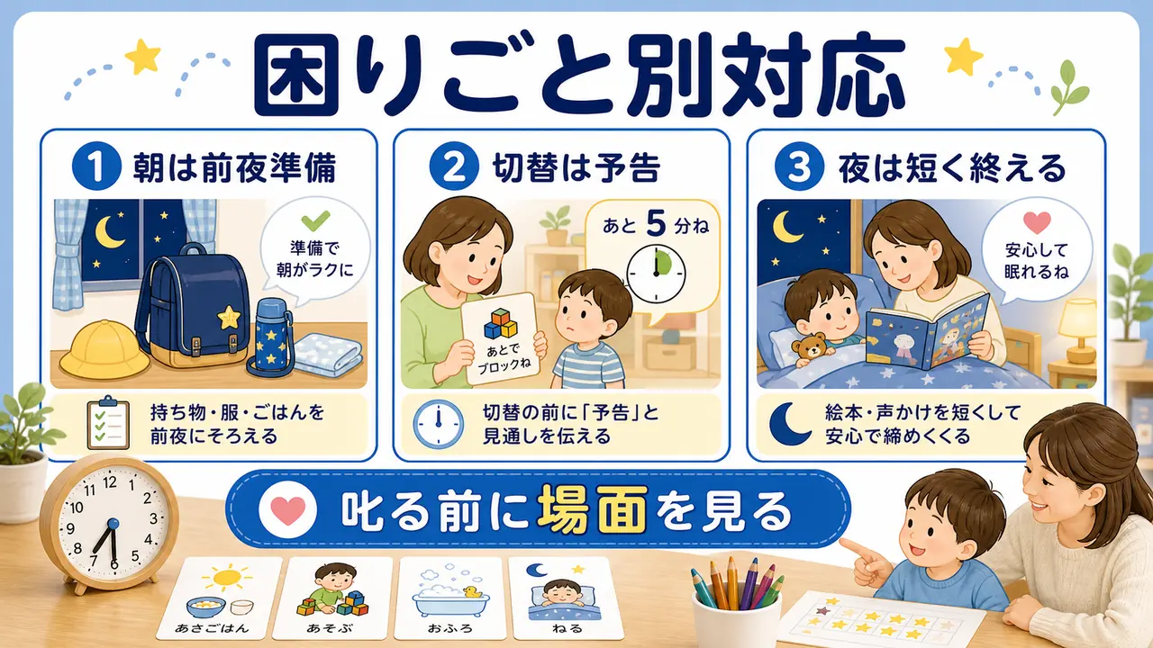 朝の準備、遊びの切り替え、寝る前の荒れを場面別に整える対応図