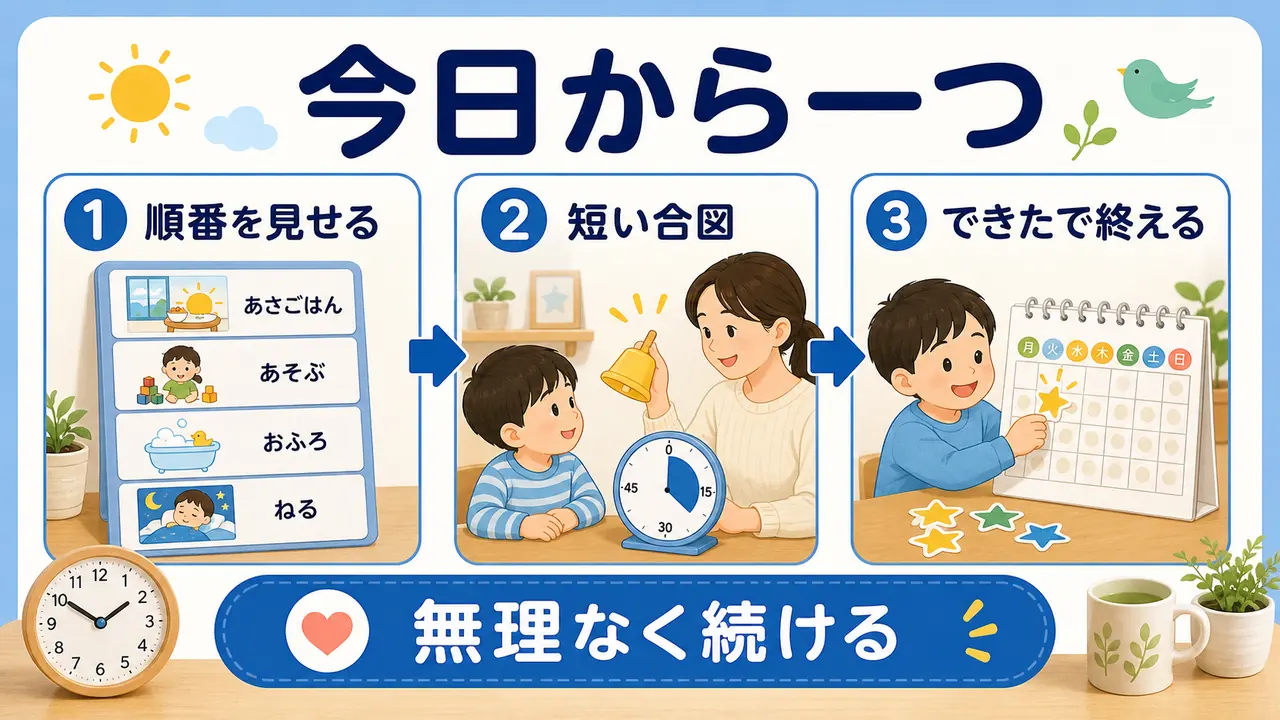 今日から順番を見せ、短い合図を使い、できたで終えることをまとめた図