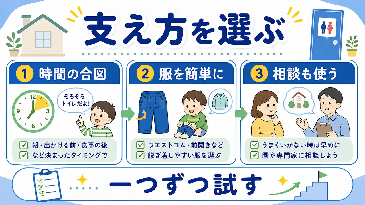 時間声かけ、服装、合図カード、園相談を比べる図