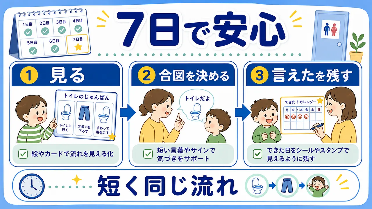 トイレ練習を7日間で整えるステップ図