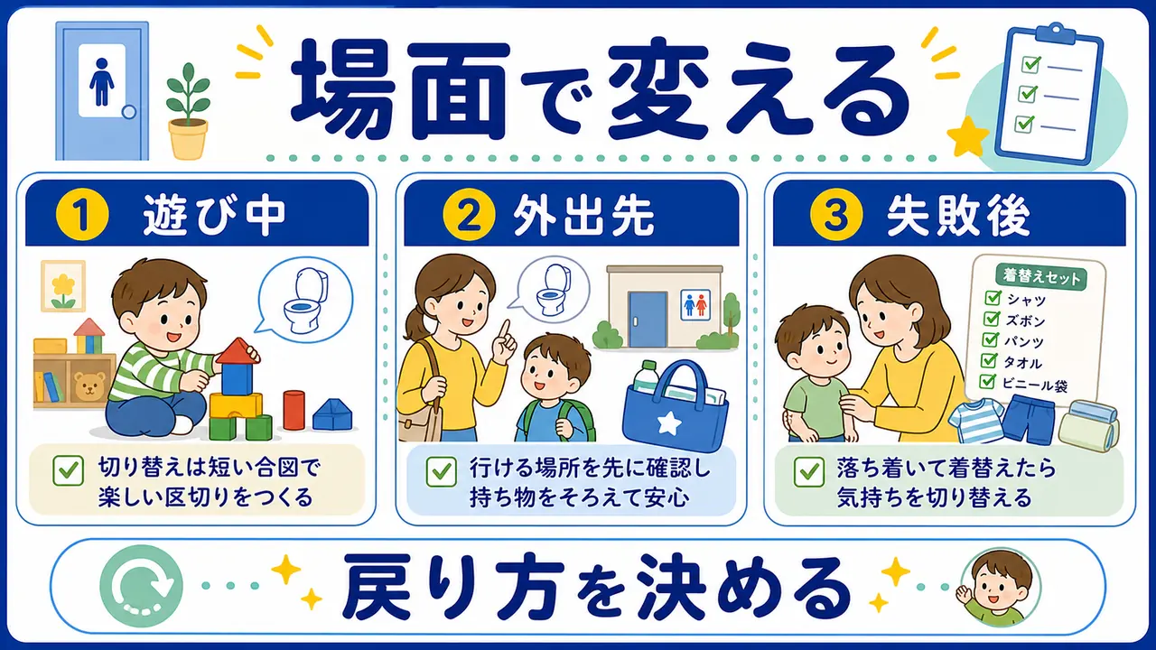 外出前、遊び中、園、夜のケースを整理する図
