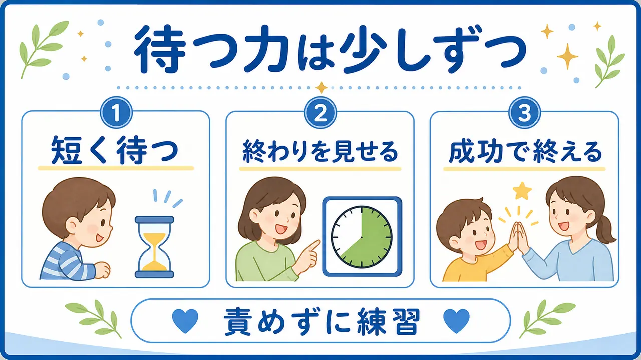 短く待つ、終わりを見せる、成功で終える流れを示す図