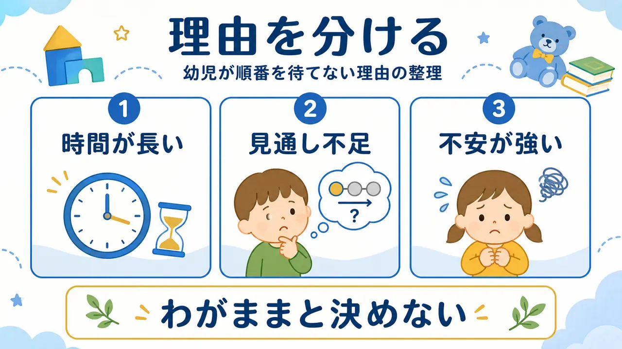 時間の長さ、見通し不足、不安が順番待ちを難しくする図